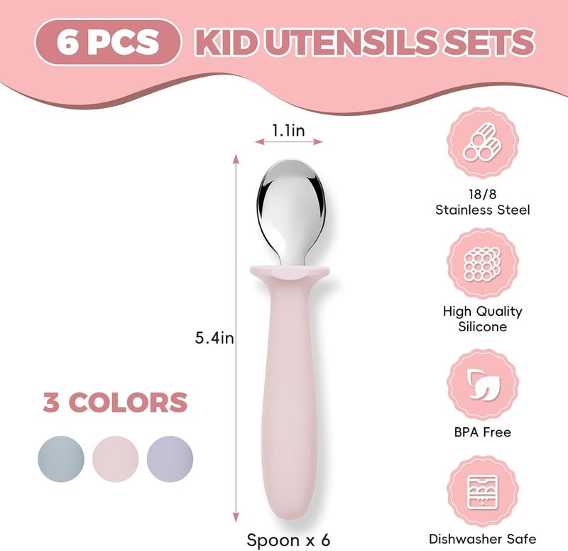ITITT 6 PCS Toddler Spoons Set - Baby Spoons with Silicone Handle Children Food Grade 18/8 Stainless Steel Toddler Utensils Set for Self Feeding Kids Silverware Set Safe Anti-Choke Design Dishwasher Safe - Image 2